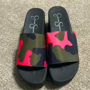 Jessica Simpson Faille Wedge Sandal, Size 8, Pink/Black/Olive Green Camouflage